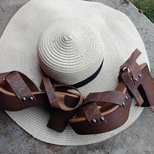 Elegant Brown Leather Sandals and Cream Sun Hat Set